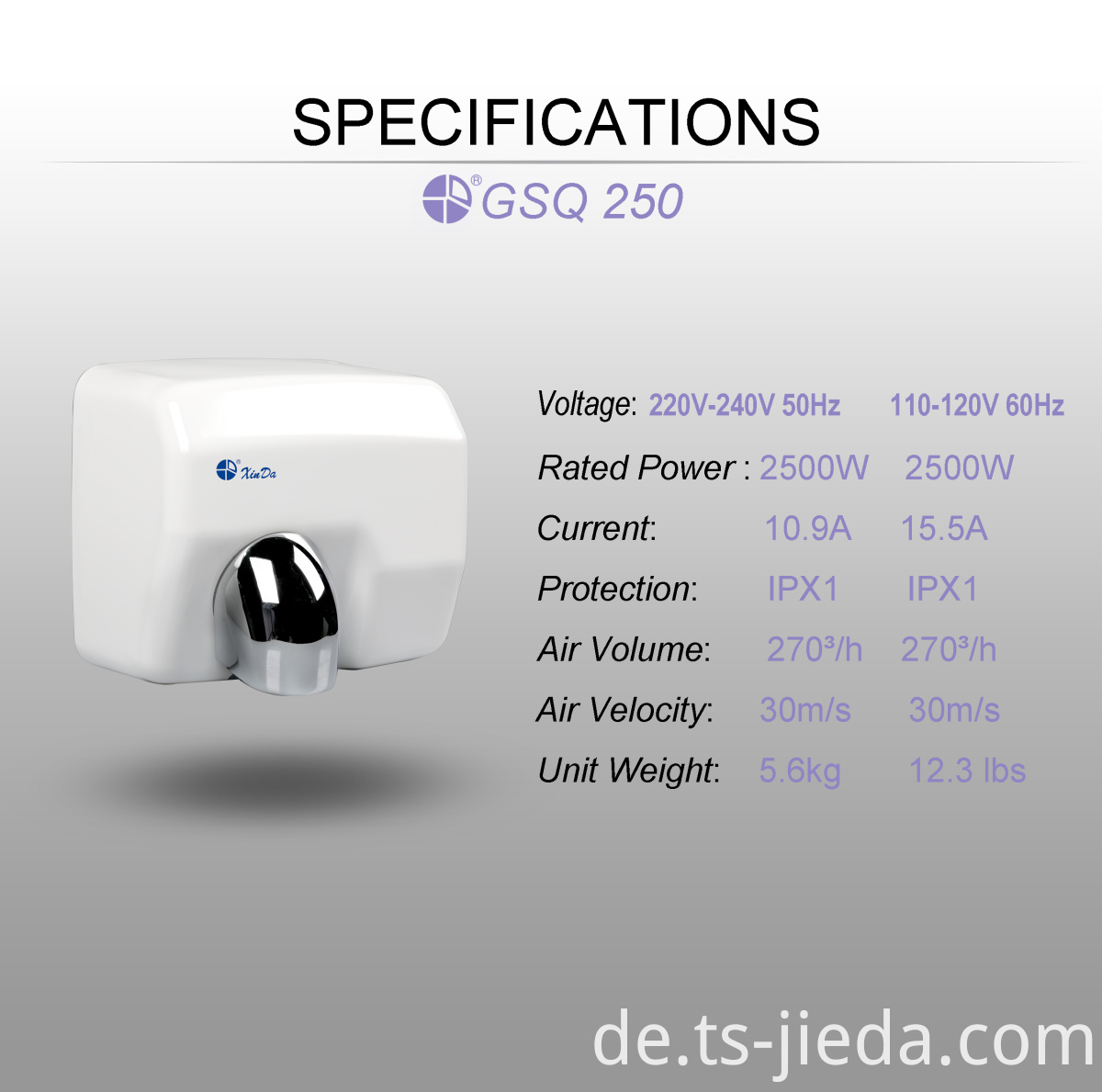 Puderweißer Händetrockner mit multidirektionalem Luftstrom Powder white hand dryer with multi-directional airflow